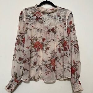 Eyeshadow Floral Lace Long-Sleeve Blouse - Cream with Red Floral Size M
